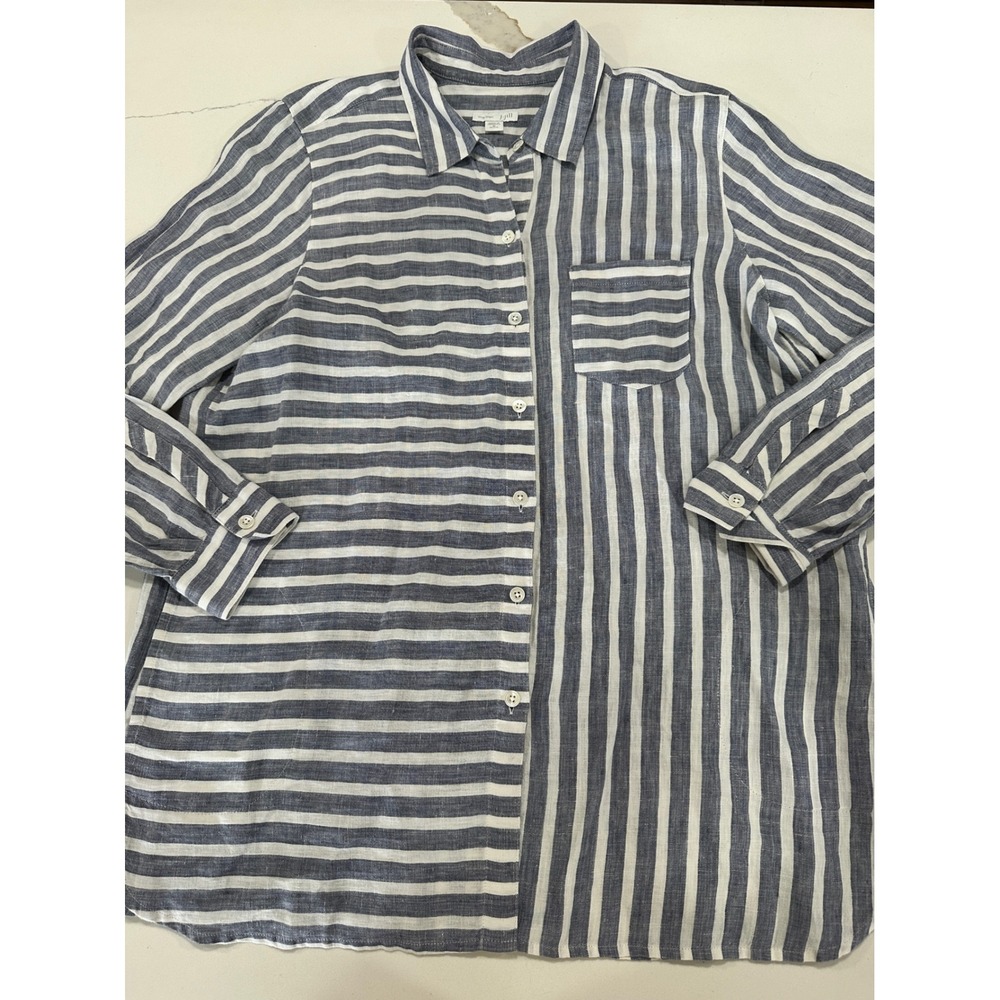 J. Jill‎ Love Linen Striped Button Down Shirt Blue White Womens PM